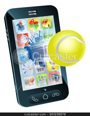 To use this stock image in your creative project, please select the size you need over to the right and click the "Add to Cart" button.
Your downloaded image will come with the Cutcaster watermark removed so don’t worry about the watermark you see on this page. Tennis ball flying out of mobile phone stock vector clipart, Illustration of a tennis ball flying out of a broken mobile phone screen by Christos Georghiou