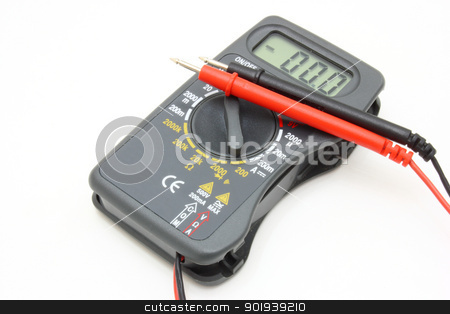 Multimeter of black color Multimeter of black color stock photo, Multimeter of black color with a red and black wire on a white background by aarrows