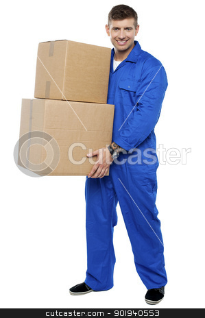Young smart relocation staff carrying cartons Young smart relocation staff carrying cartons stock photo, Full length portrait of young smart relocation staff carrying cartons by Ishay Botbol