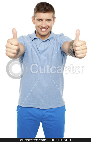 To use this stock image in your creative project, please select the size you need over to the right and click the "Add to Cart" button.
Your downloaded image will come with the Cutcaster watermark removed so don’t worry about the watermark you see on this page. Joyous caucasian male showing double thumbs up stock photo, Joyous caucasian male showing double thumbs up isolated against white background by Ishay Botbol