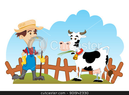 Farmer and cow Farmer and cow stock vector clipart, Country scene with farmer and cow by oxygen64