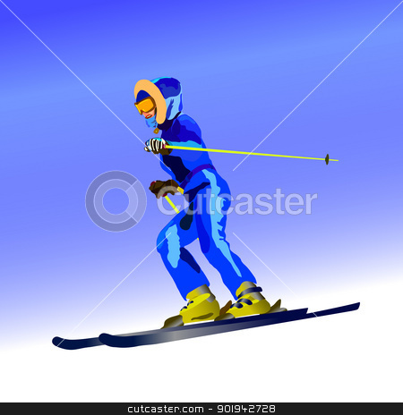 Skier Skier stock vector clipart, The girl on skis in dark blue overalls goes from mountain by aarrows