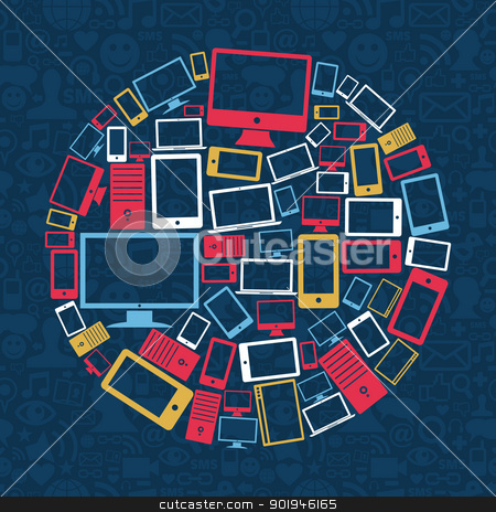 To use this stock image in your creative project, please select the size you need over to the right and click the "Add to Cart" button.
Your downloaded image will come with the Cutcaster watermark removed so don’t worry about the watermark you see on this page. Computer, mobile phone and tablet circle stock vector clipart, Gadgets icons circle shape over social media pattern background. Vector illustration layered for easy manipulation and custom coloring. by Cienpies Design
