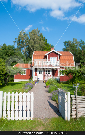 To use this stock image in your creative project, please select the size you need over to the right and click the "Add to Cart" button.
Your downloaded image will come with the Cutcaster watermark removed so don’t worry about the watermark you see on this page. Red painted Swedish house stock photo, Traditional red painted wooden Swedish house in a lush green garden with a white picket fence and open gate with a walkway leading to the front door by Kai Schirmer