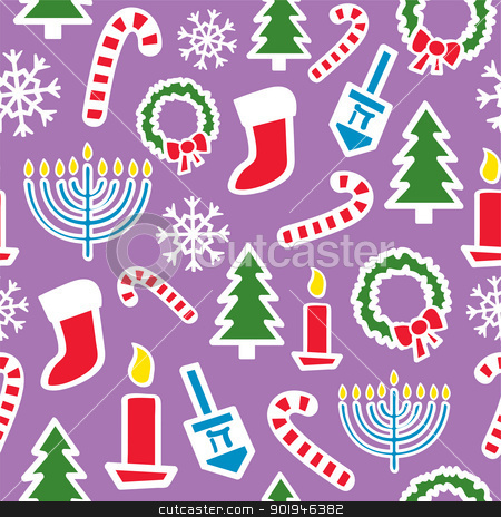Seamless Winter Holidays Seamless Winter Holidays stock vector clipart, A seamless pattern of Christmas and Hanukkah shapes and icons. by Jamie Slavy