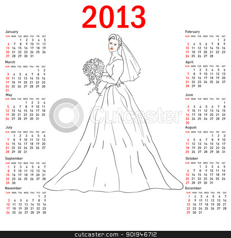 Stylish calendar Bride in wedding dress white with bouquet for 2 Stylish calendar Bride in wedding dress white with bouquet for 2 stock photo, Stylish calendar Bride in wedding dress white with bouquet for 2013. Week starts on Sunday. by aarrows