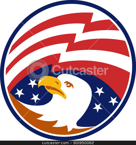 To use this stock image in your creative project, please select the size you need over to the right and click the "Add to Cart" button.
Your downloaded image will come with the Cutcaster watermark removed so don’t worry about the watermark you see on this page. American Bald Eagle With Flag stock vector clipart, Illustration of an American bald eagle head looking to side with stars and stripes flag set inside circle. by patrimonio