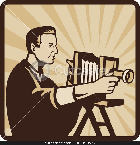 To use this stock image in your creative project, please select the size you need over to the right and click the "Add to Cart" button.
Your downloaded image will come with the Cutcaster watermark removed so don’t worry about the watermark you see on this page. Photographer Shooting Vintage Camera Retro stock vector clipart, Illustration of a photographer shooting a vintage bellow camera viewed from side done in retro style set inside square. by patrimonio