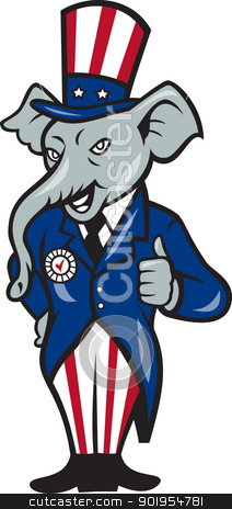 Republican Elephant Mascot Thumbs Up USA Flag Republican Elephant Mascot Thumbs Up USA Flag stock vector clipart, Illustration of a republican elephant mascot of the republican party wearing hat and suit thumbs done in cartoon style. by patrimonio