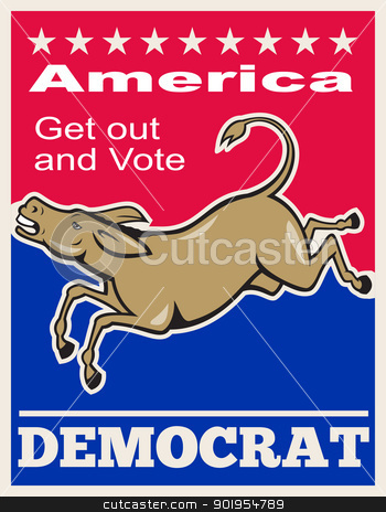 To use this stock image in your creative project, please select the size you need over to the right and click the "Add to Cart" button.
Your downloaded image will come with the Cutcaster watermark removed so don’t worry about the watermark you see on this page. Democrat Donkey Mascot America Vote stock vector clipart, Poster illustration of a democrat donkey mascot of the democratic party jumping done in cartoon style with words