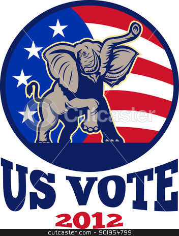 Republican Elephant Mascot USA Flag Republican Elephant Mascot USA Flag stock vector clipart, Illustration of a republican elephant mascot with American USA stars and stripes flag done in retro style with words us vote 2012 by patrimonio
