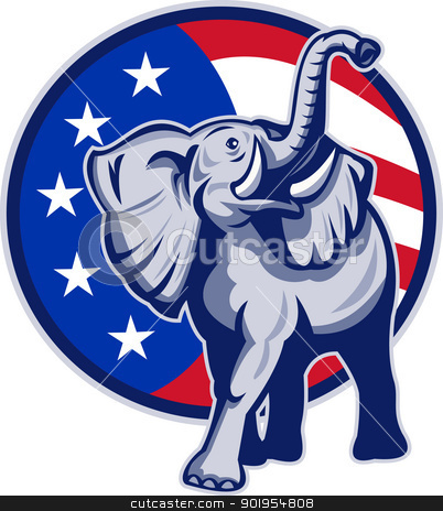Republican Elephant Mascot USA Flag Republican Elephant Mascot USA Flag stock vector clipart, Illustration of a republican elephant mascot with American USA stars and stripes flag circle done in retro style. by patrimonio