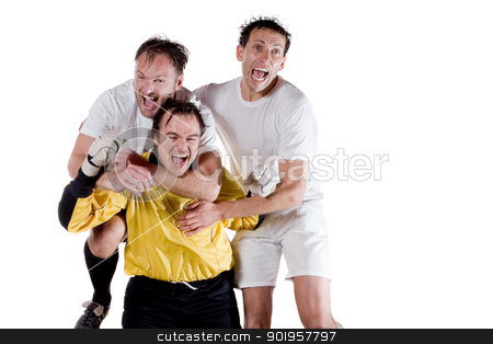 To use this stock image in your creative project, please select the size you need over to the right and click the "Add to Cart" button.
Your downloaded image will come with the Cutcaster watermark removed so don’t worry about the watermark you see on this page. Sport and success stock photo, Happy soccer team. Full isolated studio picture by Picturehunter