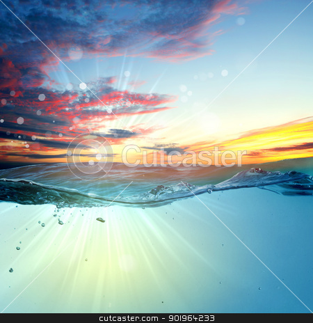 To use this stock image in your creative project, please select the size you need over to the right and click the "Add to Cart" button.
Your downloaded image will come with the Cutcaster watermark removed so don’t worry about the watermark you see on this page. sundown seascape stock photo, design template with underwater part and sunset skylight splitted by waterline by Sergey Nivens