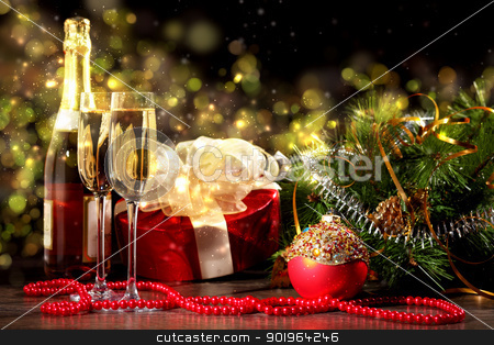 New Year's collage with glasses New Year's collage with glasses stock photo, New Year's collage with glasses of champagne. Decorations and ribbons on a bright color background by Sergey Nivens