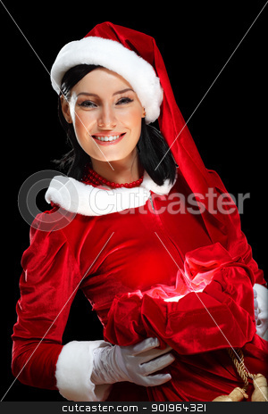 Pretty santa girl pretty santa girl stock photo, Santa Girl presenting your product, in costume and white gloves by Sergey Nivens