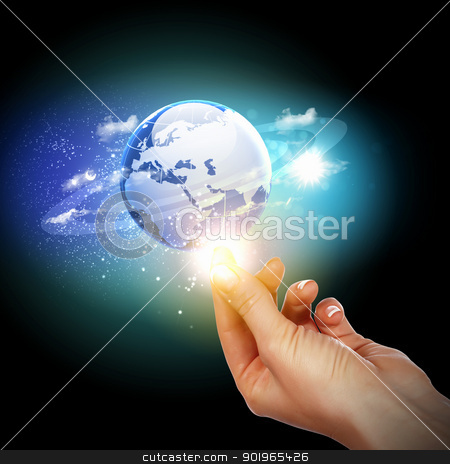 Hand touching the earth hand touching the earth stock photo, Human hand holding our planet earth glowing by Sergey Nivens