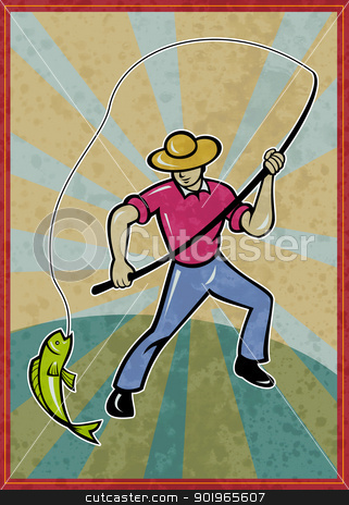 To use this stock image in your creative project, please select the size you need over to the right and click the "Add to Cart" button.
Your downloaded image will come with the Cutcaster watermark removed so don’t worry about the watermark you see on this page. fisherman fishing catching fish with rod stock photo, poster illustration of a fisherman fishing catching fish with rod with sunburst in background by patrimonio