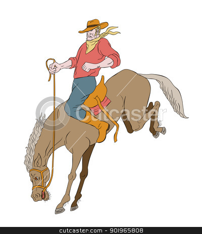 Rodeo cowboy riding bucking horse bronco rodeo cowboy riding bucking horse bronco stock photo, illustration of rodeo cowboy riding bucking horse bronco on isolated white background cartoon style by patrimonio