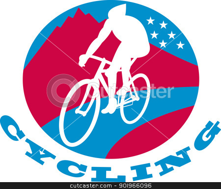Cyclist riding racing bike Cyclist riding racing bike stock photo, illustration of a Cyclist riding racing bike set inside oval with road mountains and stars and words