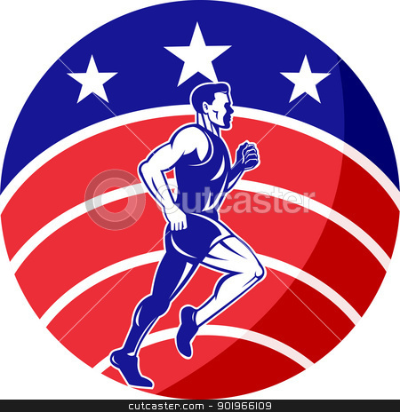 To use this stock image in your creative project, please select the size you need over to the right and click the "Add to Cart" button.
Your downloaded image will come with the Cutcaster watermark removed so don’t worry about the watermark you see on this page. American Marathon runner stars stripes flag stock photo, illustration of a illustration of a male Marathon road runner jogger fitness training road running with American flag stars and stripes in background inside circle by patrimonio