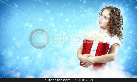 Happy girl opening gift box Happy girl opening gift box stock photo, A cute young girl holding a christmas gift, dark background with christmas light bokeh by Sergey Nivens