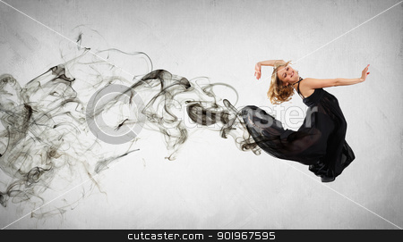 To use this stock image in your creative project, please select the size you need over to the right and click the "Add to Cart" button.
Your downloaded image will come with the Cutcaster watermark removed so don’t worry about the watermark you see on this page. Modern style dancer posing stock photo, Beautiful young dancer with black smoke curles around her by Sergey Nivens