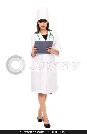 To use this stock image in your creative project, please select the size you need over to the right and click the "Add to Cart" button.
Your downloaded image will come with the Cutcaster watermark removed so don’t worry about the watermark you see on this page. Female doctor with stethoscope holding a clipboard stock photo, Female doctor with stethoscope holding a clipboard - isolated over a white background by Vadim