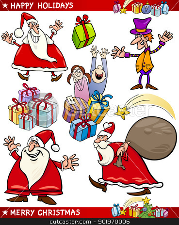 To use this stock image in your creative project, please select the size you need over to the right and click the "Add to Cart" button.
Your downloaded image will come with the Cutcaster watermark removed so don’t worry about the watermark you see on this page. Cartoon Set of Christmas Themes stock vector clipart, Cartoon Illustration of Santa Claus or Papa Noel, Elf, Presents and other Christmas Themes set by Igor Zakowski