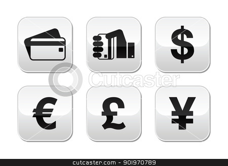 To use this stock image in your creative project, please select the size you need over to the right and click the "Add to Cart" button.
Your downloaded image will come with the Cutcaster watermark removed so don’t worry about the watermark you see on this page. Payment methods buttons set - credit card, by cash - currency stock vector clipart, Currency and credit card icons on modern glossy buttons - dollar sign, euro, pound, yen by Agnieszka Bernacka