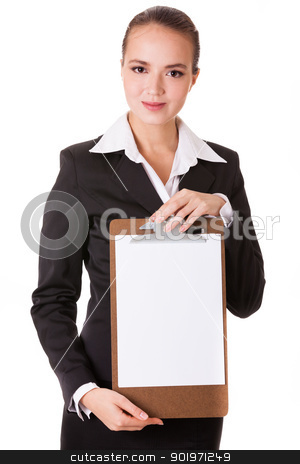 To use this stock image in your creative project, please select the size you need over to the right and click the "Add to Cart" button.
Your downloaded image will come with the Cutcaster watermark removed so don’t worry about the watermark you see on this page. Smiling businesswoman holding a white clear papper stock photo, Smiling businesswoman holding a white clear paper on a holder isolated on white background by Iryna Rasko