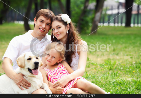To use this stock image in your creative project, please select the size you need over to the right and click the "Add to Cart" button.
Your downloaded image will come with the Cutcaster watermark removed so don’t worry about the watermark you see on this page. Happy family having fun outdoors stock photo, Young Family Outdoors in summer park with a dog by Sergey Nivens