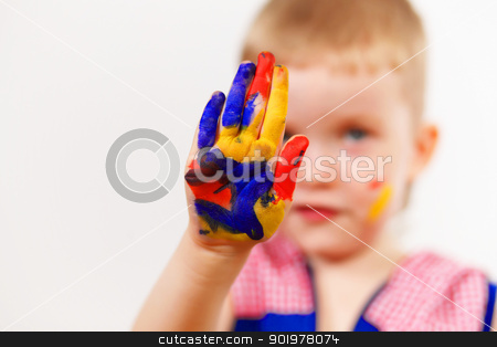 To use this stock image in your creative project, please select the size you need over to the right and click the "Add to Cart" button.
Your downloaded image will come with the Cutcaster watermark removed so don’t worry about the watermark you see on this page. happy child with paint on the hands stock photo, little child with hands painted in colorful paints ready for hand prints by Sergey Nivens