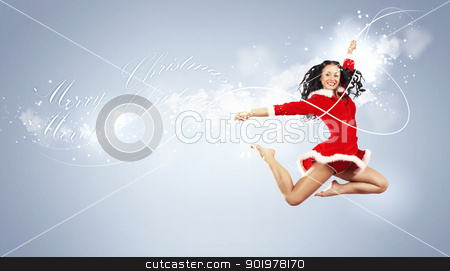 Portrait of pretty snowgirl portrait of pretty snowgirl stock photo, Happy smiling woman in red xmas costume jumping high by Sergey Nivens