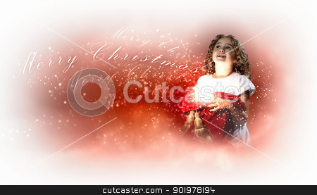Happy girl opening gift box Happy girl opening gift box stock photo, A cute young girl holding a christmas gift, dark background with christmas light bokeh by Sergey Nivens