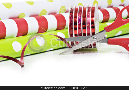 Christmas wrapping paper and ribbon Christmas wrapping paper and ribbon stock photo, Rolls of gift wrapping paper and rolls of ribbon by tish1
