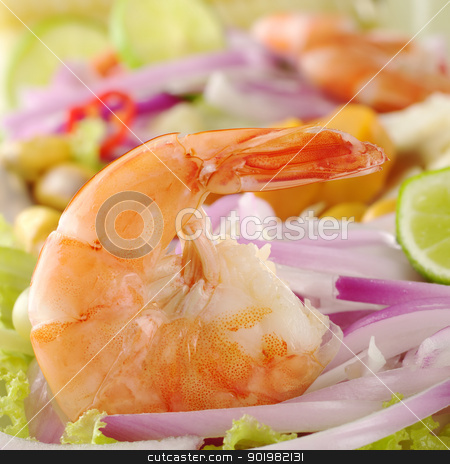 Peruvian Ceviche with Prawn Peruvian Ceviche with Prawn stock photo, Peruvian Prawn Ceviche: King prawn on red onions and lettuce with lime slices (Selective Focus, Focus on the prawn) by Ildiko Papp
