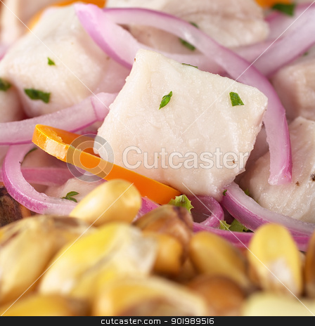 To use this stock image in your creative project, please select the size you need over to the right and click the "Add to Cart" button.
Your downloaded image will come with the Cutcaster watermark removed so don’t worry about the watermark you see on this page. Peruvian-Style Ceviche stock photo, Peruvian-style ceviche made out of raw dogfish (Spanish: tollo), red onions and aji (Peruvian hot pepper) and served with roasted corn (cancha) (Selective Focus, Focus on the fish) by Ildiko Papp