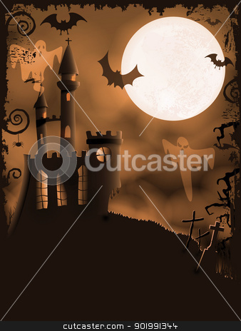 Spooky Halloween castle, vector background Spooky Halloween castle, vector background stock vector clipart, Orange Halloween background with haunted castle, bats, ghosts, full moon and grunge elements by Ina Wendrock