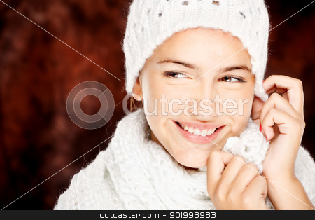 Woman in wool sweater and cap woman in wool sweater and cap stock photo, young happy brunette woman in wool sweater and cap, isolated on white by iMarin