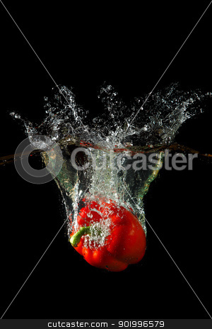 Sweet red pepper sweet red pepper stock photo, Colored red paprika in water splashes on black background by Sergey Nivens