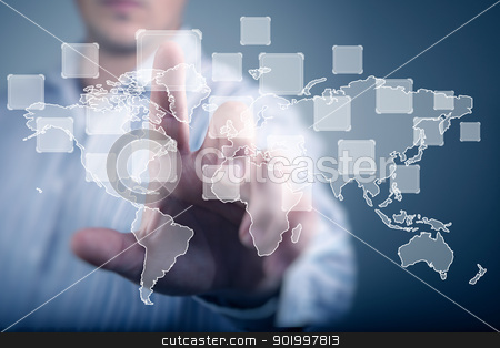 To use this stock image in your creative project, please select the size you need over to the right and click the "Add to Cart" button.
Your downloaded image will come with the Cutcaster watermark removed so don’t worry about the watermark you see on this page. Internet concept of global technology stock photo, Modern Business World, A businessman navigating virtual world map by Sergey Nivens