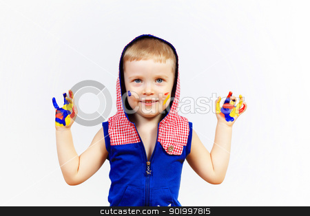Happy child with paint on the hands happy child with paint on the hands stock photo, little child with hands painted in colorful paints ready for hand prints by Sergey Nivens