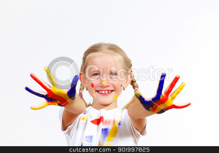 Happy child with paint on the hands happy child with paint on the hands stock photo, little child with hands painted in colorful paints ready for hand prints by Sergey Nivens
