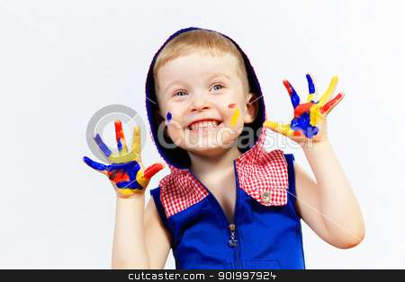 Happy child with paint on the hands happy child with paint on the hands stock photo, little child with hands painted in colorful paints ready for hand prints by Sergey Nivens
