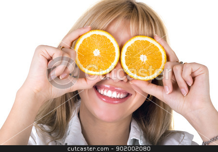 Portrait of the funny smiling girl with oranges. Isolated Portrait of the funny smiling girl with oranges. Isolated stock photo, Portrait of the funny smiling girl with oranges. Isolated by Sergii Sukhorukov