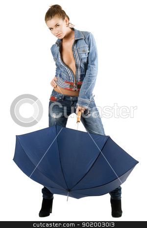 To use this stock image in your creative project, please select the size you need over to the right and click the "Add to Cart" button.
Your downloaded image will come with the Cutcaster watermark removed so don’t worry about the watermark you see on this page. Young woman in a blue denim suit stock photo, Young woman in a blue denim suit with umbrella. Isolated by Sergii Sukhorukov
