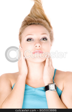 Closeup portrait of pretty blond girl Closeup portrait of pretty blond girl stock photo, Closeup portrait of pretty blond girl lying on a white by Sergii Sukhorukov