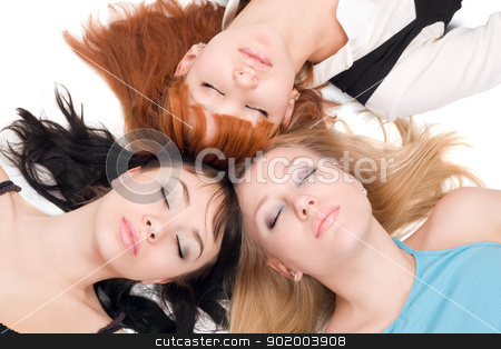 To use this stock image in your creative project, please select the size you need over to the right and click the "Add to Cart" button.
Your downloaded image will come with the Cutcaster watermark removed so don’t worry about the watermark you see on this page. Three women with closed eyes stock photo, Portrait of three women with closed eyes lying on white background by Sergii Sukhorukov