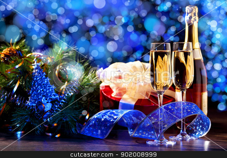 New Year's collage with glasses New Year's collage with glasses stock photo, New Year's collage with glasses of champagne. Decorations and ribbons on a bright color background by Sergey Nivens